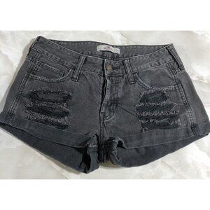 Hollister Black Distressed Cotton Denim Button Fly Y2K Style Shorts Sz 3